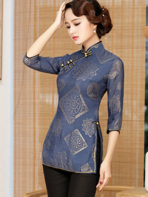 Blue Vintage Printing Qipao / Cheongsam Top Blouse Casual Relaxed Blouse