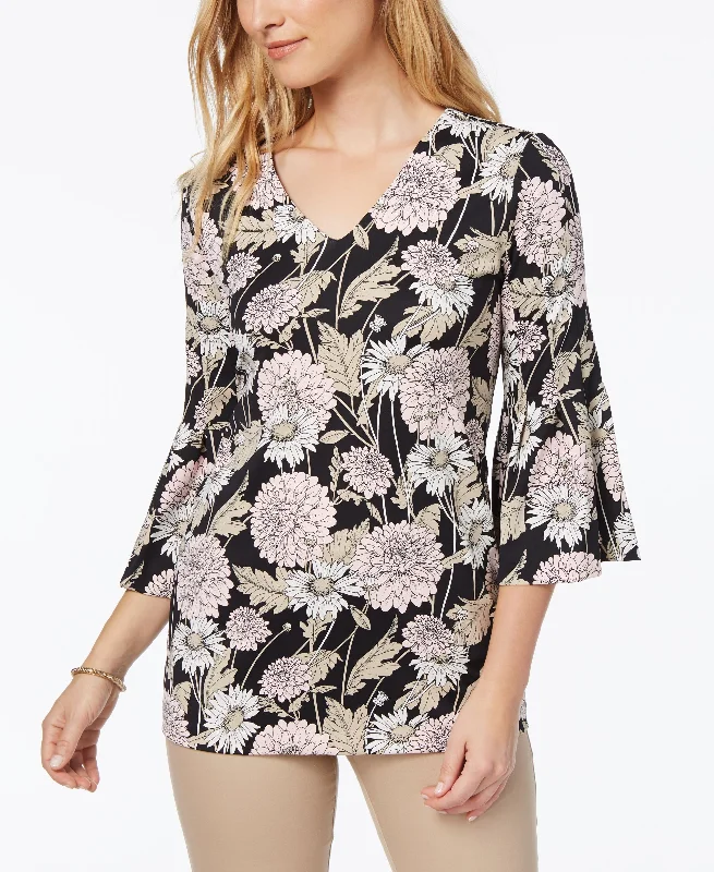 Charter Club Printed Bell Sleeve Blouse Classic Minimalist Blouse