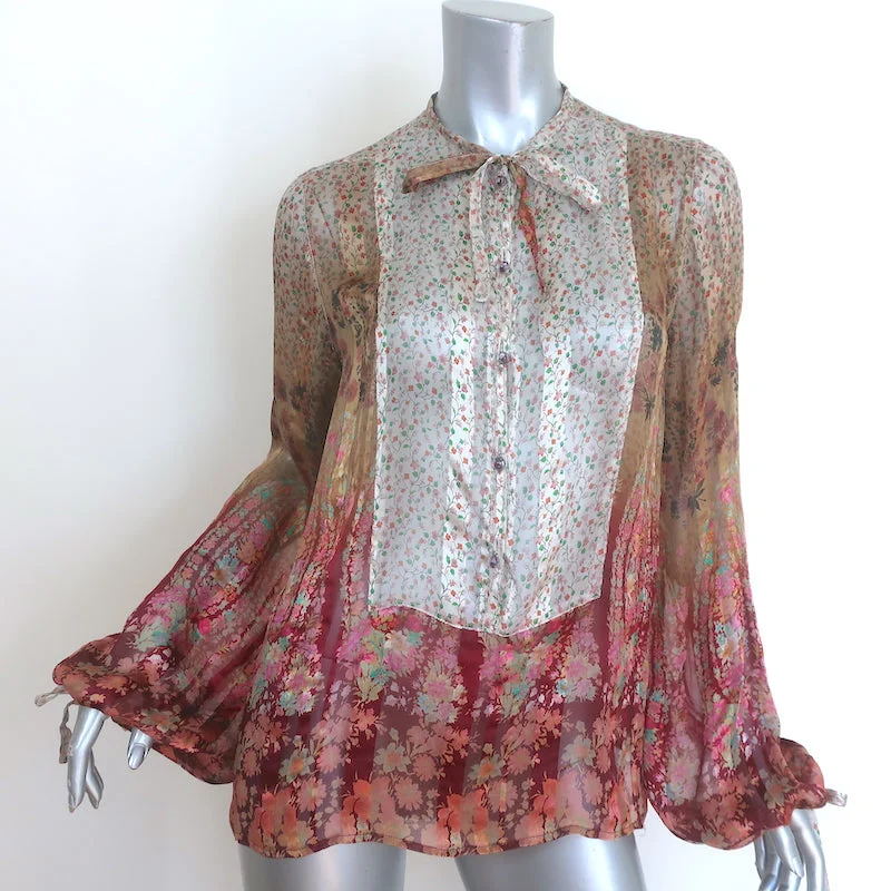 Etro Mixed Print Blouse Floral & Paisley Chiffon Size 42 Long Sleeve Top Feminine Pastel Blouse