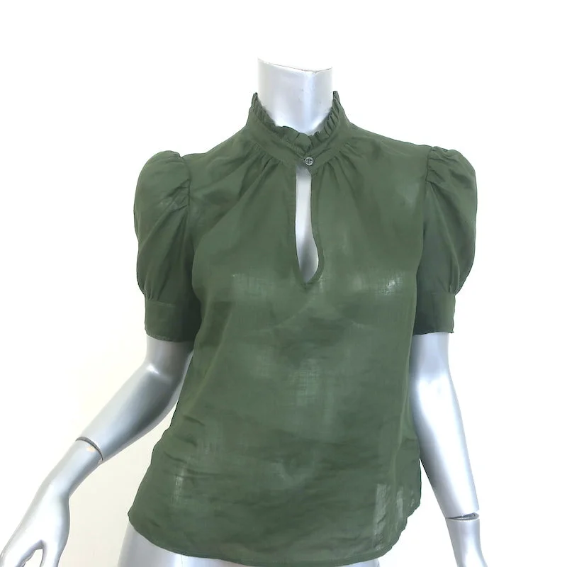 FRAME Deep V Ruffle Collar Top Fatigue Green Size Extra Small Puff Sleeve Blouse Silky Tunic Blouse