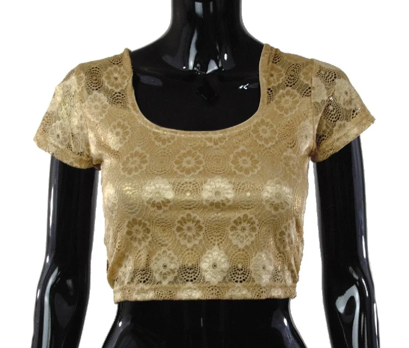 Gold Color Stretchable Blouse with Floral Design Asymmetric Hem Blouse