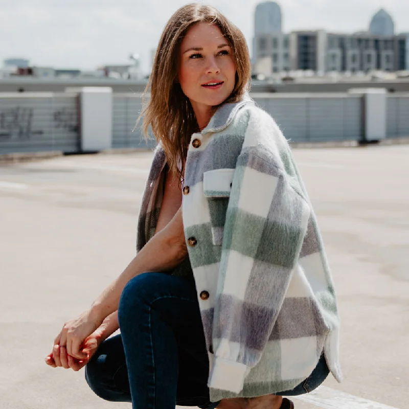 Green/Gray Plaid Shackets Delicate Bow Blouse