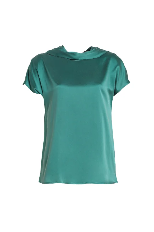 Green Pure Silk Cecilia Short Sleeve Women's Blouse Elegant Peplum Blouse