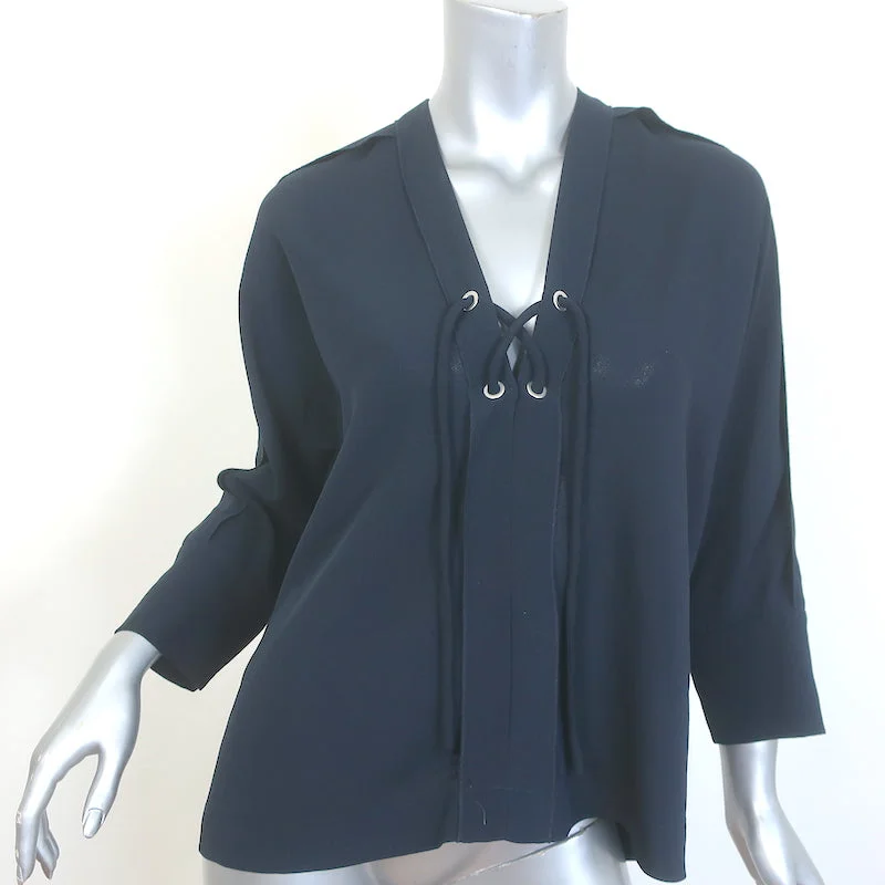 IRO Alis Lace-Up Blouse Navy Crepe Size 34 V-Neck Top Peter Pan Collar Blouse