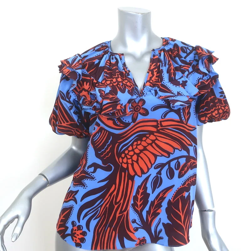 Johanna Ortiz Mundo Invisible Top Blue Printed Silk Size 4 Short Sleeve Blouse Backless Summer Blouse