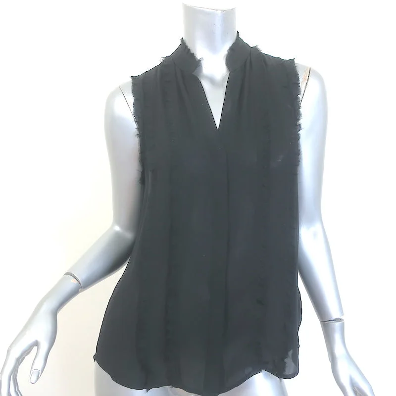 L'Agence Frayed Ruffle Blouse Black Silk Size Small Sleeveless Button-Up Top Smart Casual Blouse