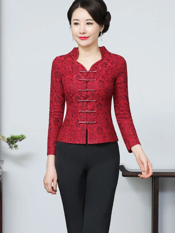 Mother's Red Lace Wedding Cheongsam Blouse Top High Neck Blouse