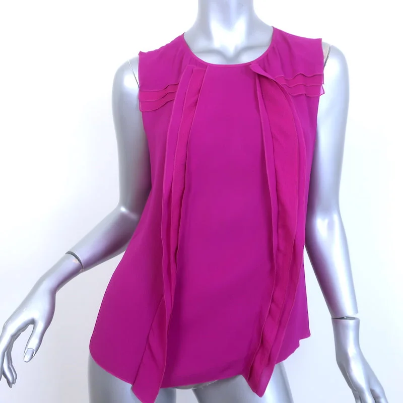 Nina Ricci Ruffle Blouse Magenta Silk Size 38 Sleeveless Top Asymmetric Hem Blouse