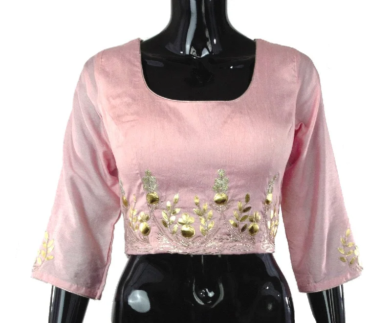 Pink Color Silk Blouse with Leather Patti Work Textured Cotton Blouse