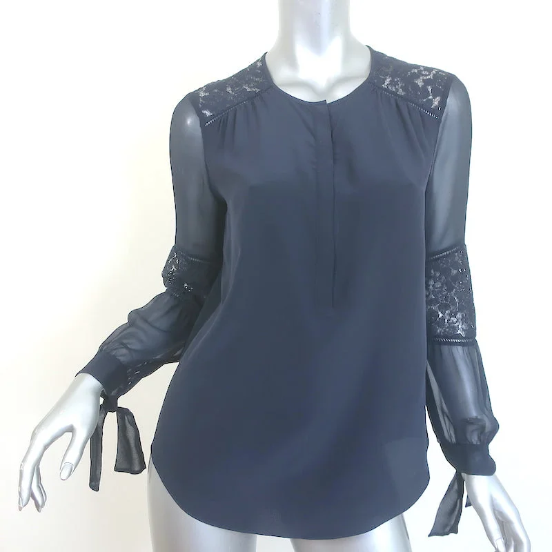 Rebecca Taylor Sarah Lace-Paneled Top Navy Silk Size 0 Tie-Cuff Blouse Modern Oversized Blouse