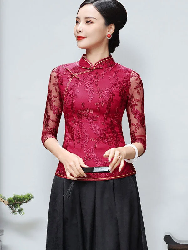 Red Floral Lace Cheongsam Qi Pao Blouse Top Wrap Front Blouse