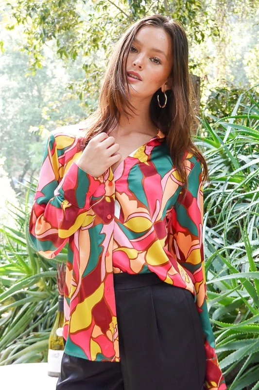 Retro Print Button-up Long-sleeved Satin Blouse Short Sleeve Blouse