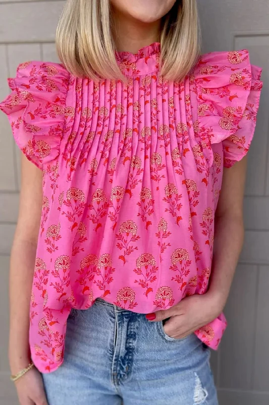 Ruffled Printed Mock Neck Cap Sleeve Blouse Satin Long Blouse