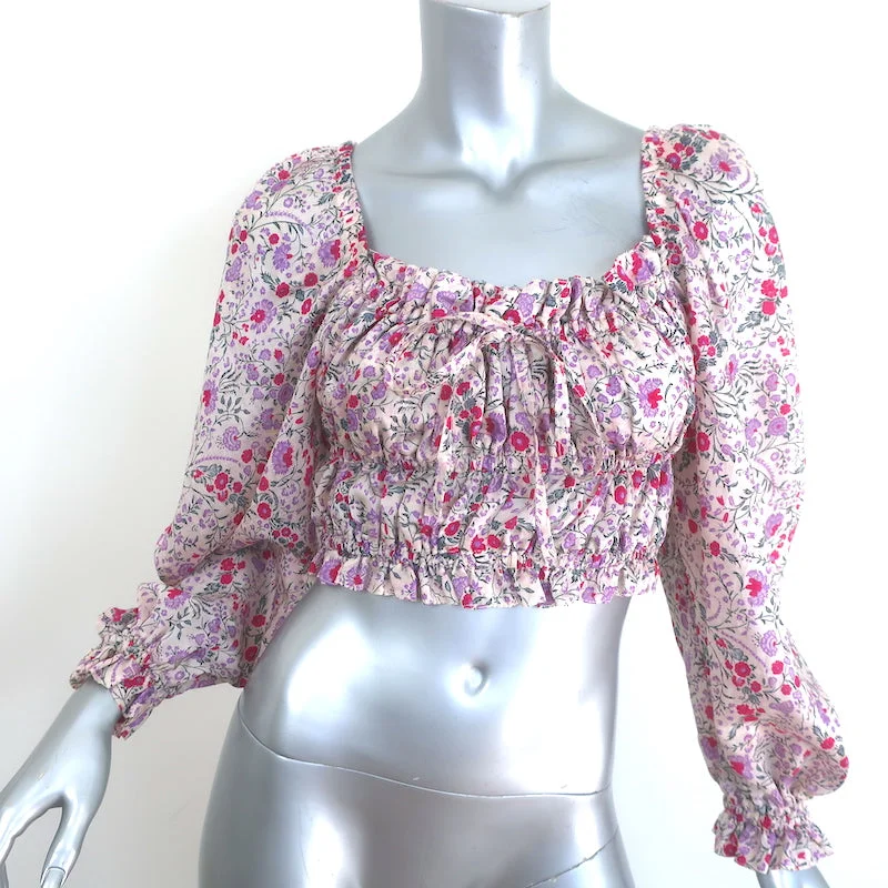 Sabina Musayev Maelys Smocked Top Floral Print Size Small Puff Sleeve Blouse Feminine Satin Blouse