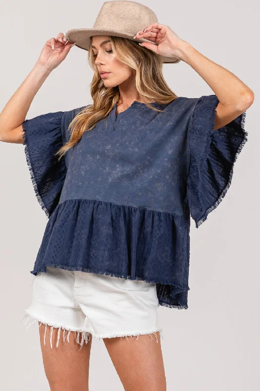 Ruffle Sleeve Washed Short Sleeve Blouse Feminine Tie Blouse