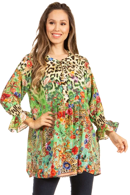 Elvira Floral Tunic Blouse - Women's Loose Swing Top with Long Sleeves and Scoop Neck by Sakkas Relaxed Fit Blouse