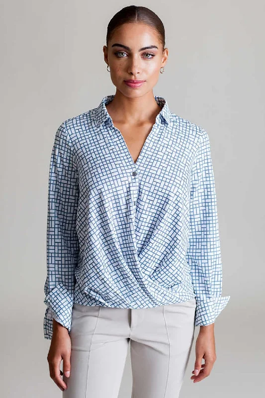 Signature Barcelona Blouse in Blue Check Stylish Wrap Blouse