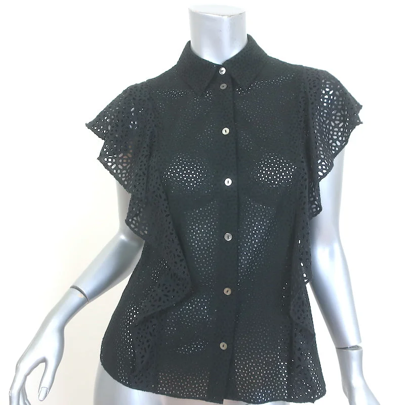 Theory Nova Eyelet-Embroidered Ruffle Top Black Size Small Button-Up Blouse Sleeveless Summer Blouse