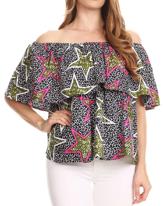 Sakkas Imani Colorful Wax African Ankara Dutch Off-shoulder Blouse Top Gorgeous Lightweight Linen Blouse