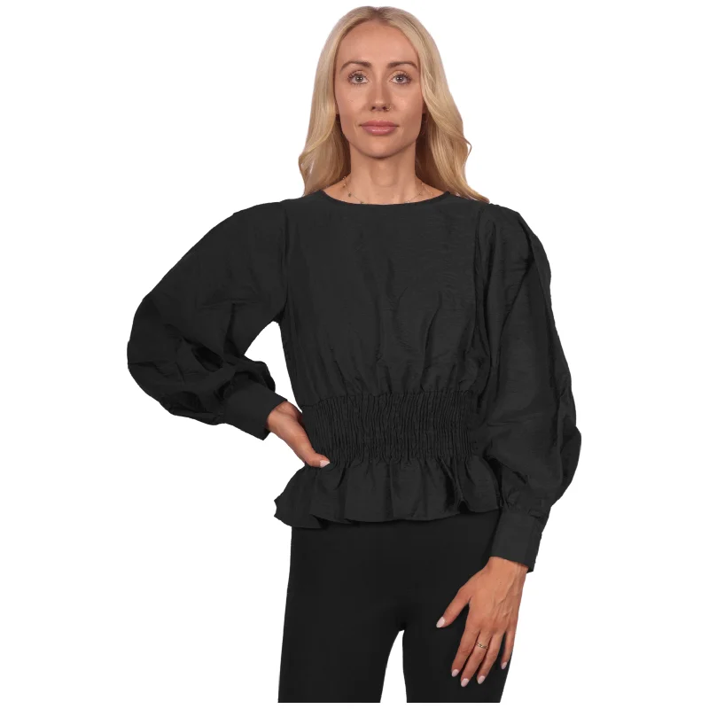 Topshop Women's Long Sleeve Ruched Waist Blouse - Black Playful Puff Blouse