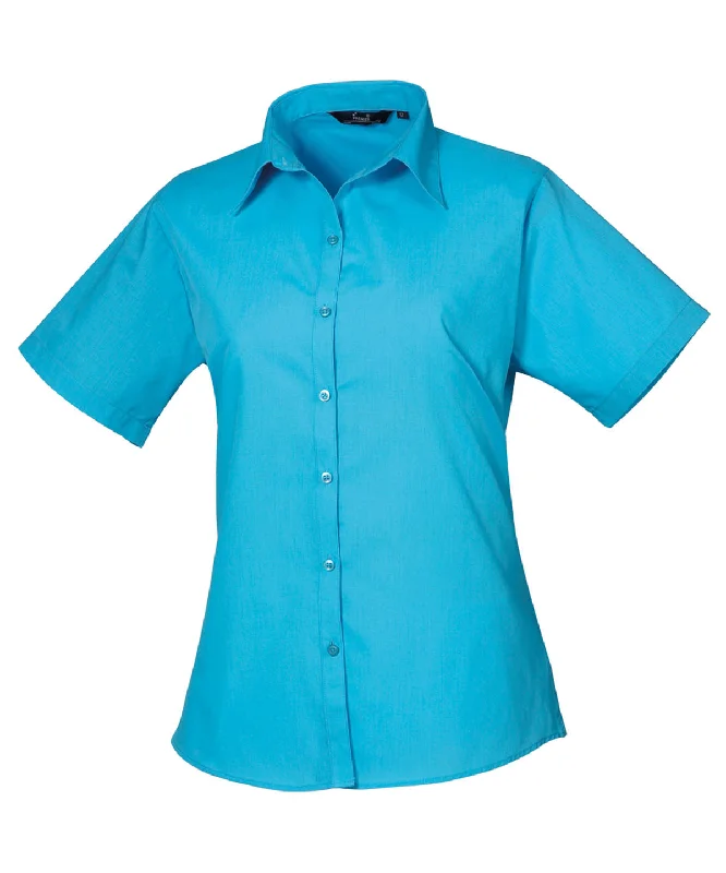 Turquoise* - Women's short sleeve poplin blouse Casual Button Blouse