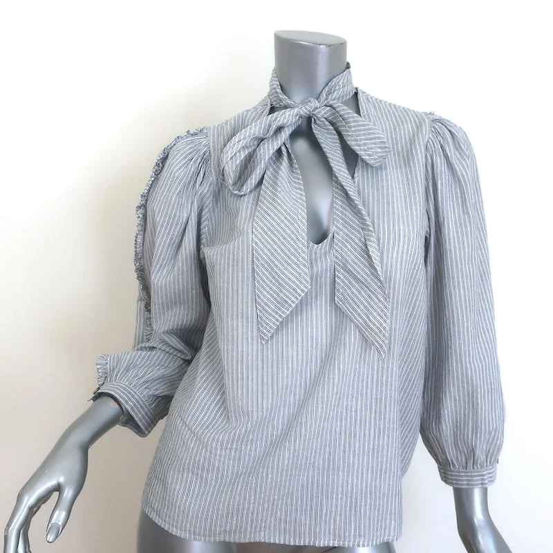 Ulla Johnson Julie Tie-Neck Blouse Gray/White Lurex-Striped Cotton Size 6 Soft Pastel Blouse