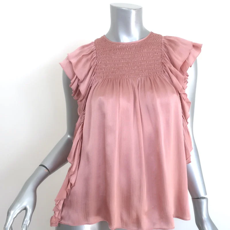 Ulla Johnson Winnie Smocked Top Rose Satin Size 0 Flutter Sleeve Blouse Modern Oversized Blouse