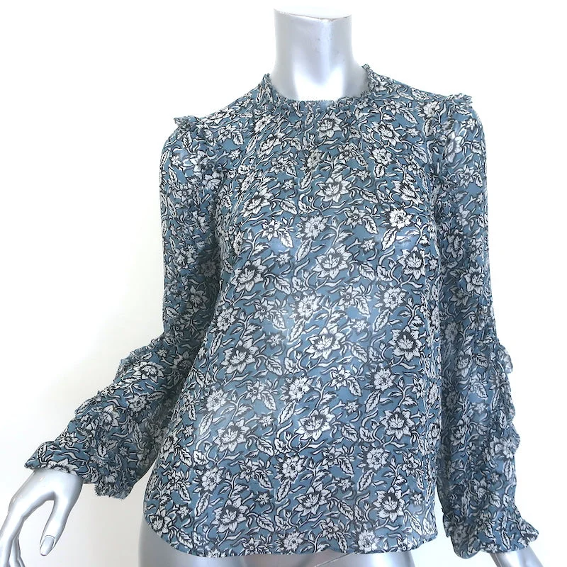 Veronica Beard Carolina Blouse Blue Floral Print Silk Size 2 Ruffle Sleeve Top Delicate Bow Blouse