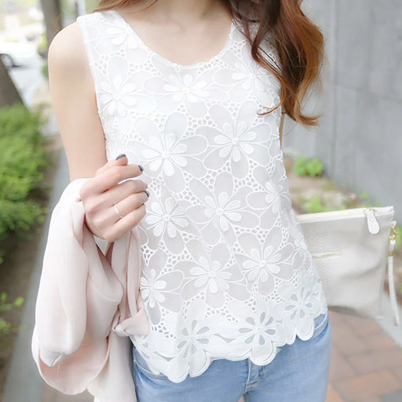 Womens Blouse Shirt Femininas Summer Tops and Blouses Lace Elegant Sleeveless Blusas Crochet Casual Holidays Plus Size Women Elegant Embroidery Blouse