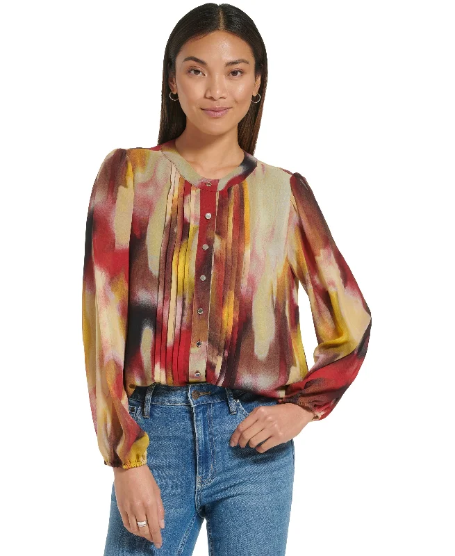 Women's Printed Button Front Blouse Feminine Satin Blouse