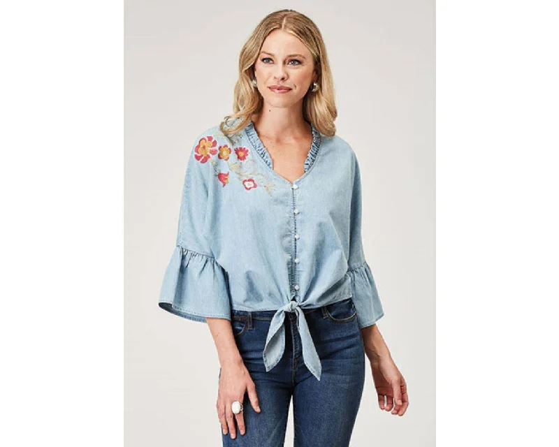 Women's Roper Floral Cotton Denim Blouse - CLEARANCE Puff Sleeve Blouse