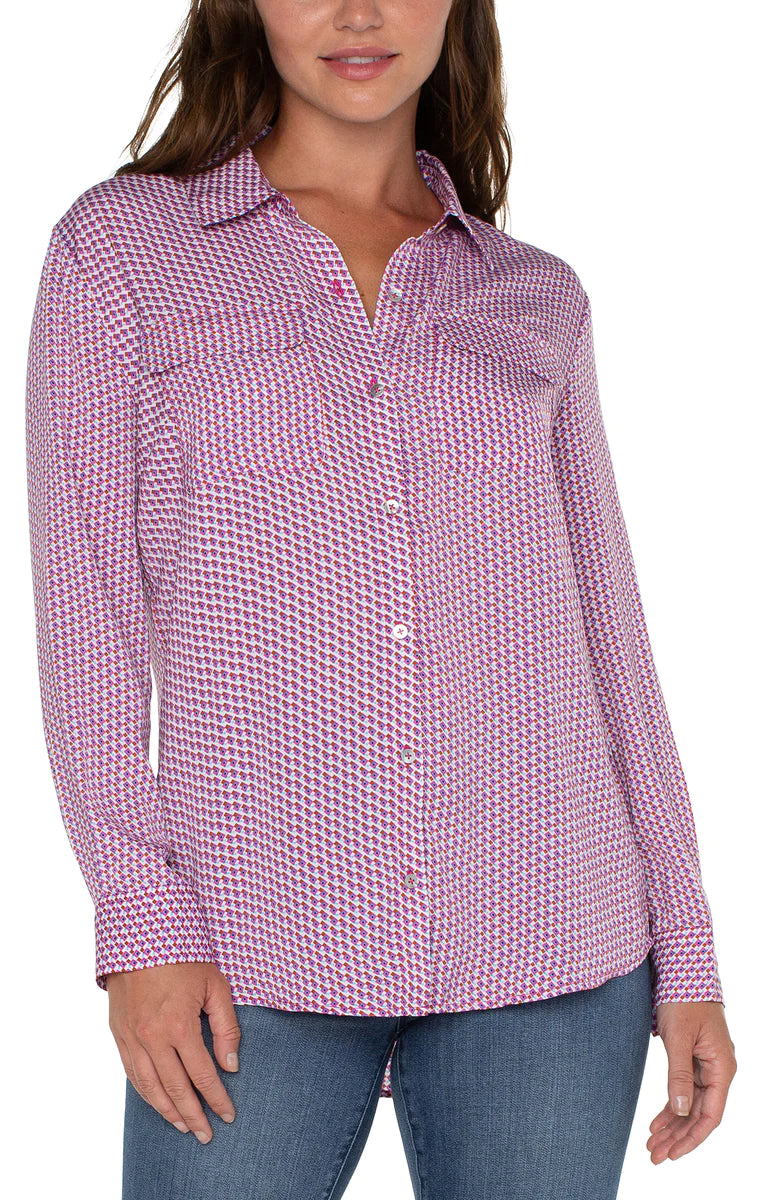 Woven Blouse with Pocket in Fuchsia Satin Long Blouse