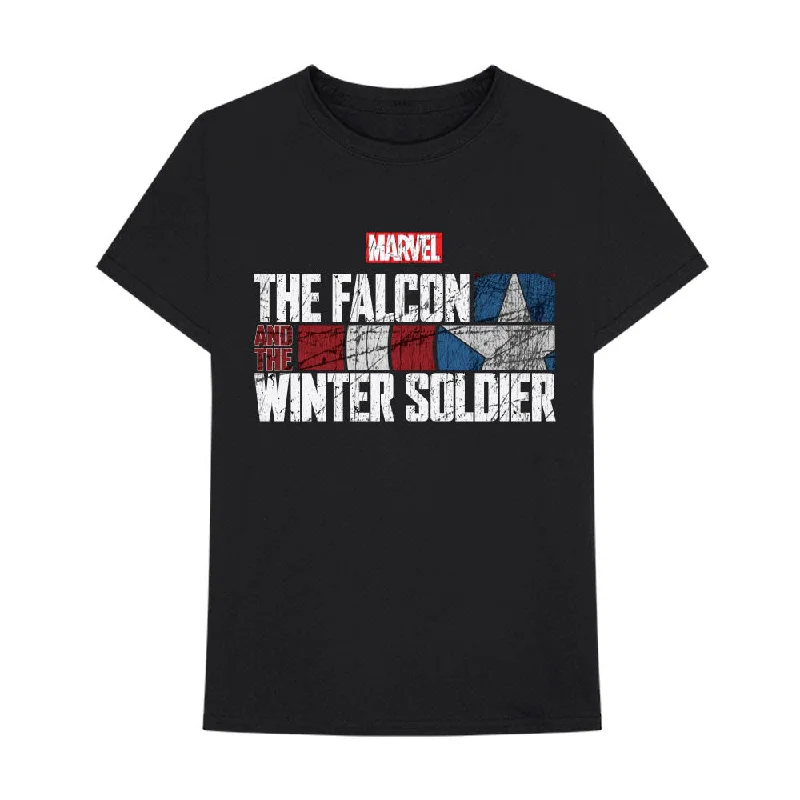 Marvel Comics | Official Band T-Shirt | Falcon & Winter Soldier Text Logo Beaded Sequined Faux Fur