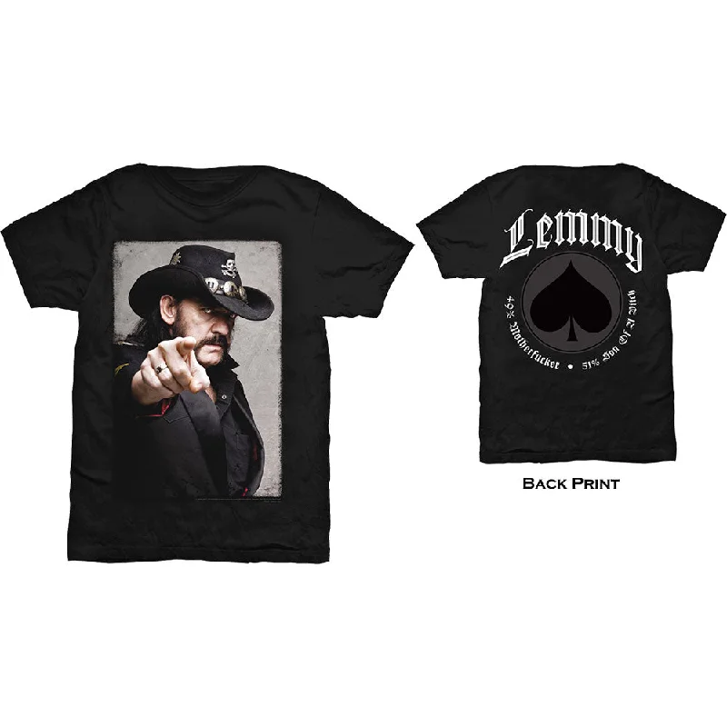 Lemmy | Official Band T-Shirt | Pointing Photo (Back Print) Notch Collar Peter Pan Collar Cowl Neck