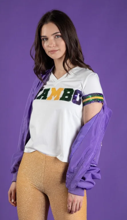 MAMBO Mardi Gras Jersey Tee Real Fur Shearling Chenille