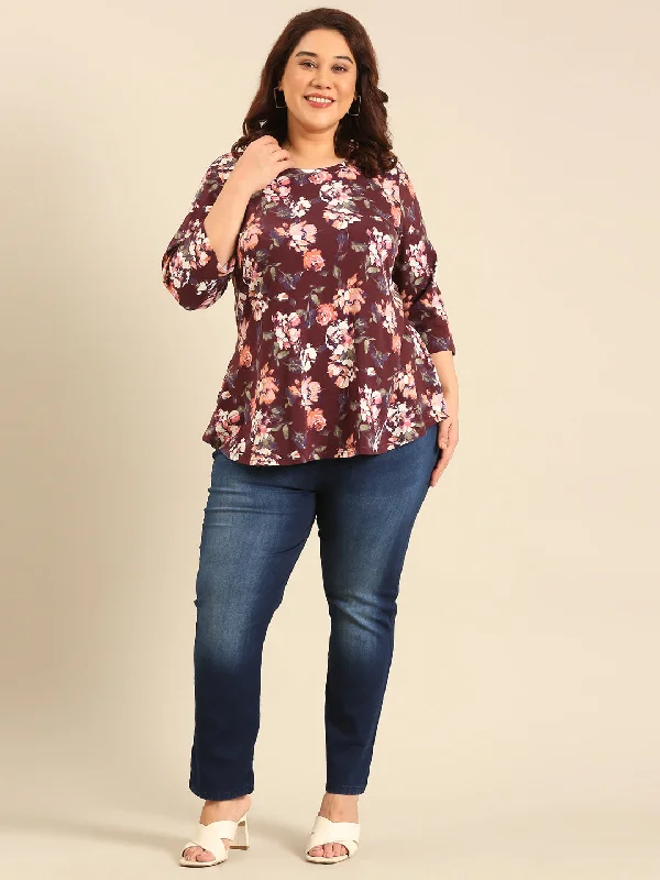 Plus Size Brown Floral Printed Jersey T-shirt Print Jacquard Patchwork