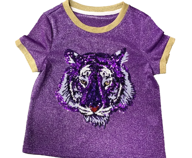 Purple Tiger Two Tone Glitter Tee Front Pockets Side Pockets Patch Pockets