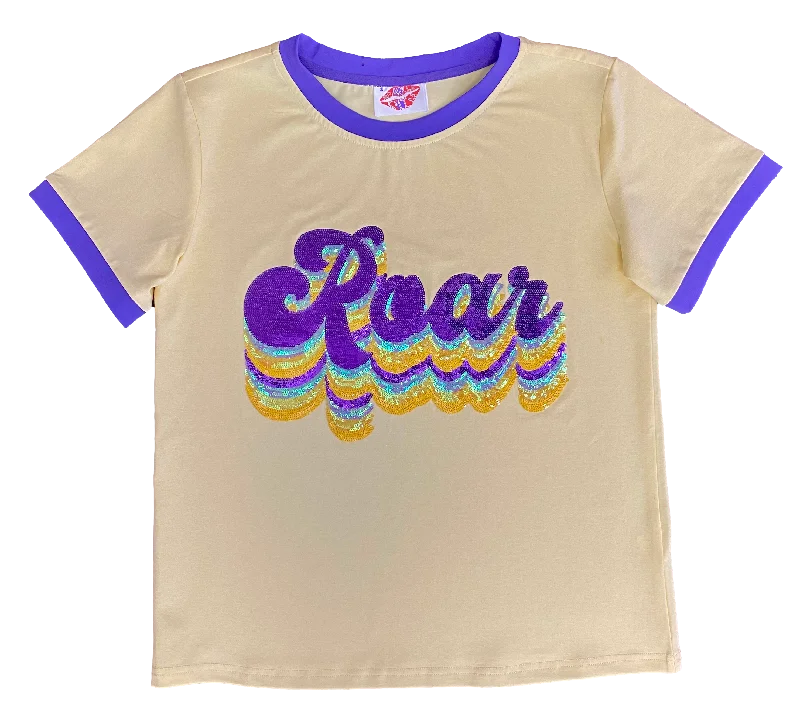 Retro Purple and Gold ROAR Tee Asymmetrical Pockets Print