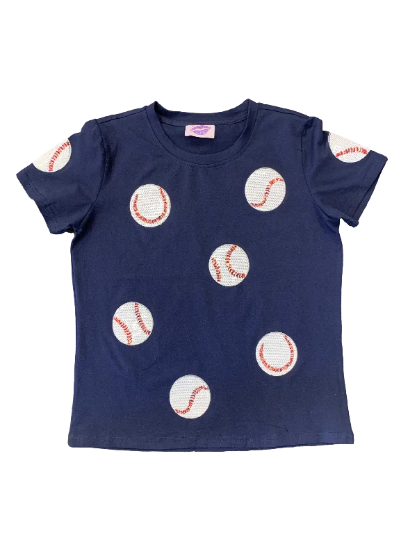 Fly Balls NAVY Blue Baseball Tee Print Jacquard Patchwork