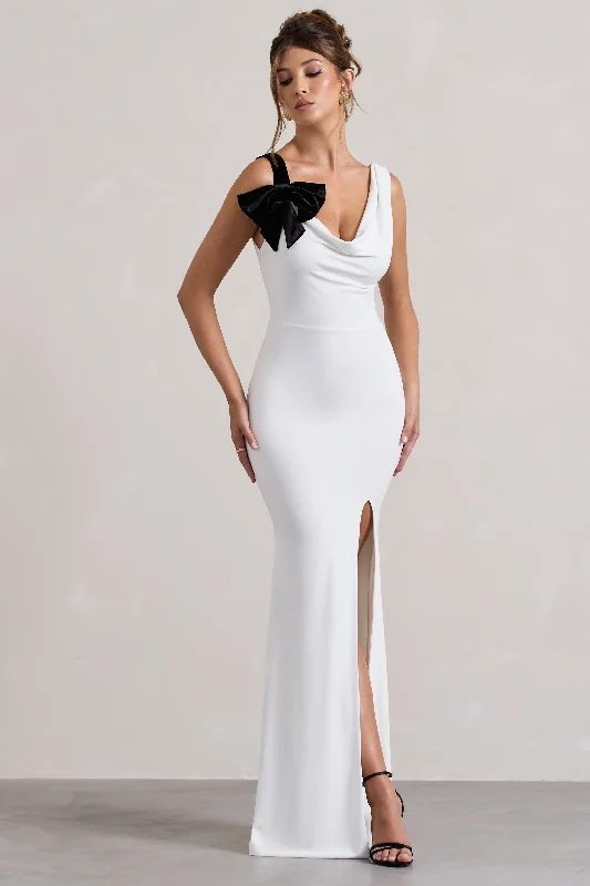 A Catch | White Cowl-Neck Fishtail Split Maxi Dress With Bow Trendy Fit-and-Flare Maxi Dress