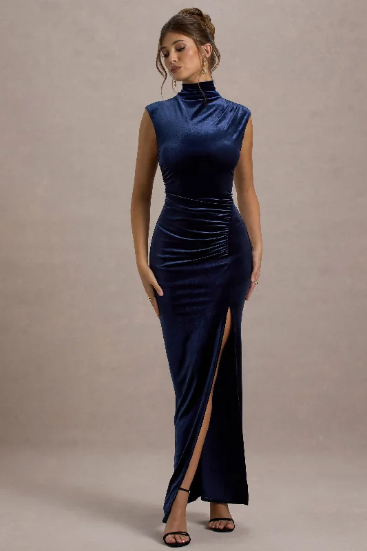 Abilene | Navy Velvet High-Neck Split Maxi Dress Cozy Ruffle Sleeve Maxi Dress