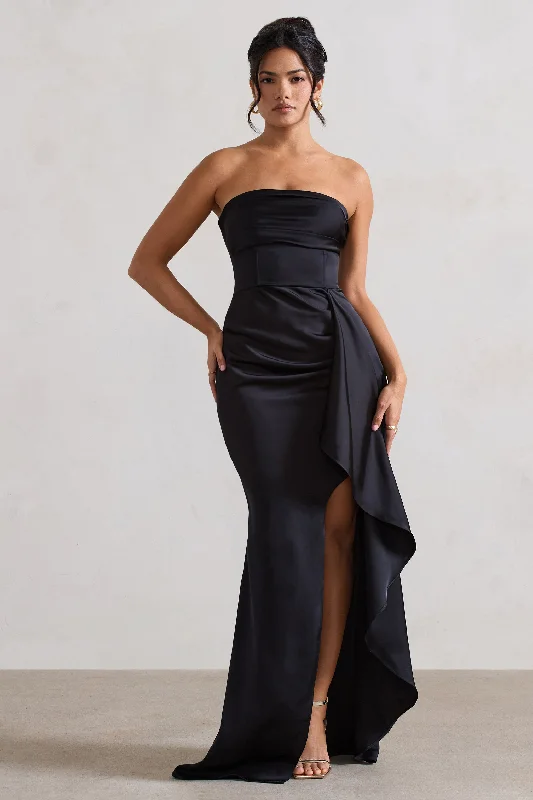 Ace | Black Satin Bandeau Split Maxi Dress With Ruffle Drape Trendy Button Front Maxi Dress