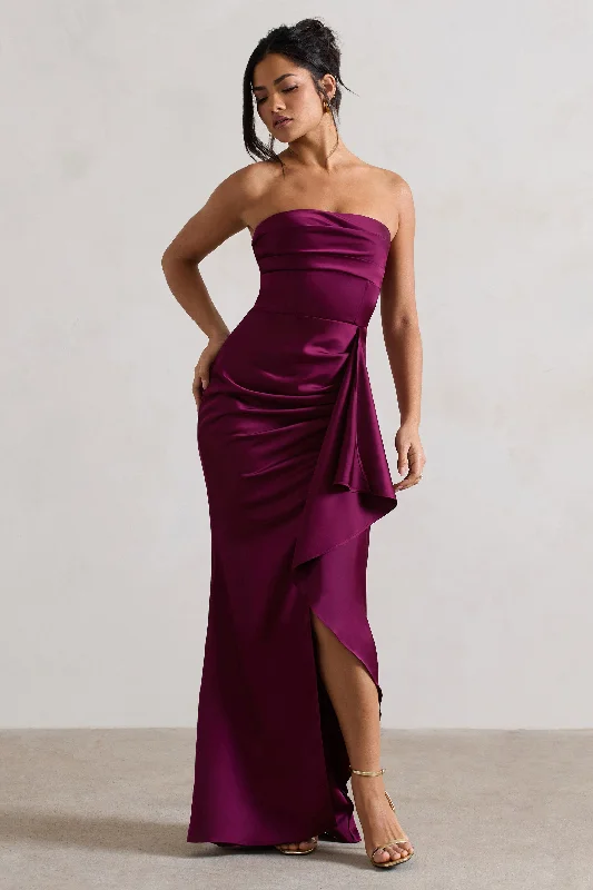 Ace | Plum Satin Bandeau Split Maxi Dress With Ruffle Drape Elegant Boho Maxi Dress