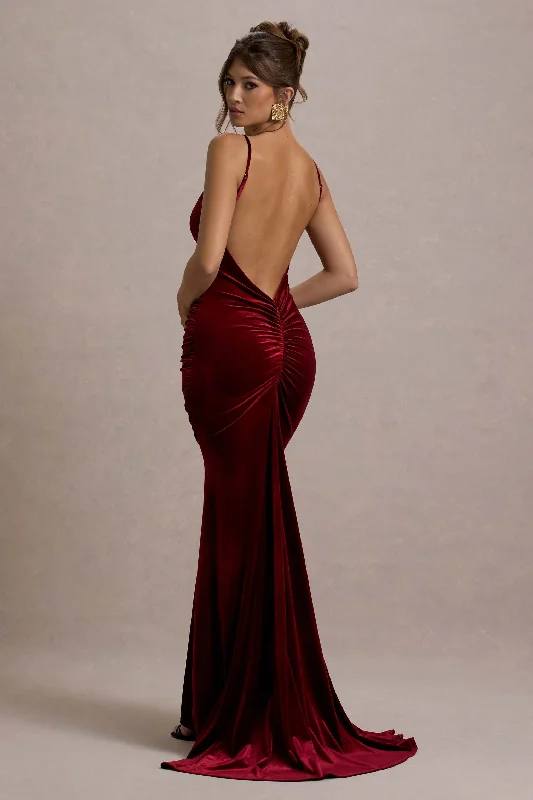 Adele | Berry Velvet Ruched Strappy Fishtail Maxi Dress Fashionable Halter Neck Maxi Dress