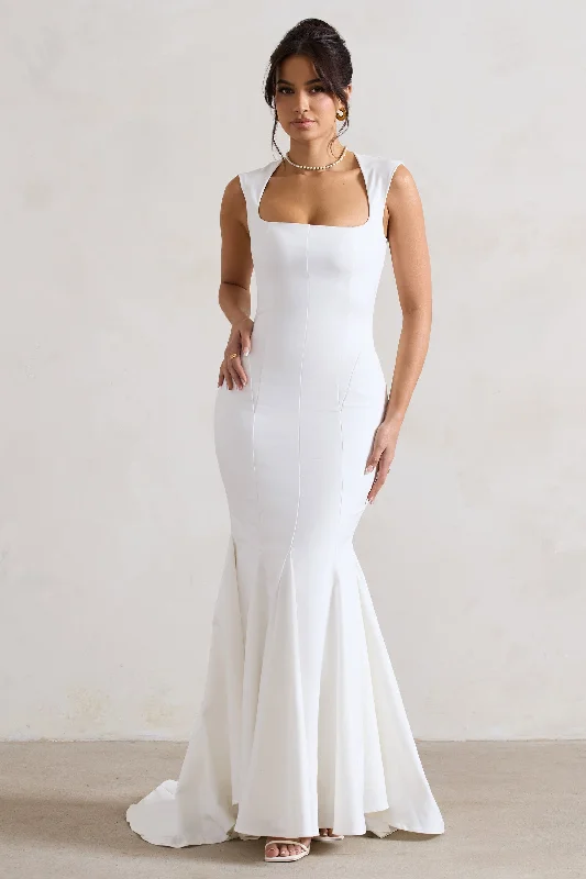 Adore You | Cream Square-Neck Structured Fishtail Maxi Dress Comfortable Ruffle Hem Maxi Dress