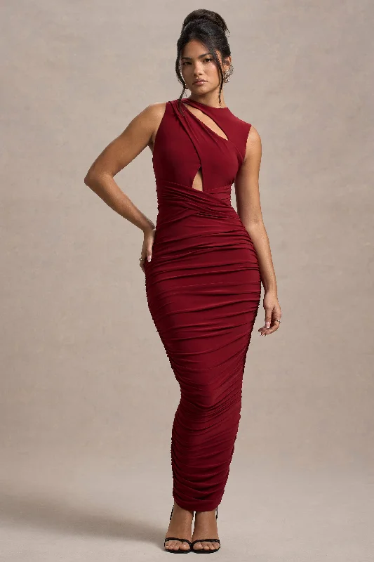 Aire | Wine Cut-Out Ruched Maxi Dress Trendy Button Front Maxi Dress