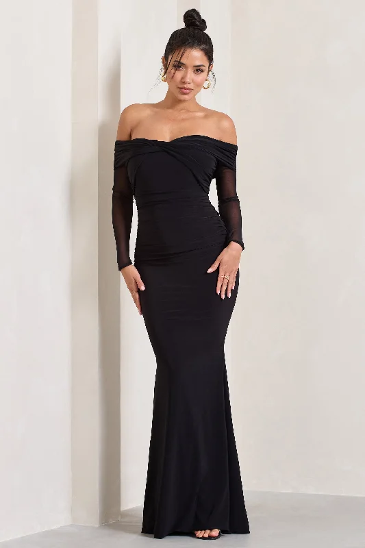 Alex | Black Bardot Twist Maxi Dress Stylish Long Sleeve Maxi Dress