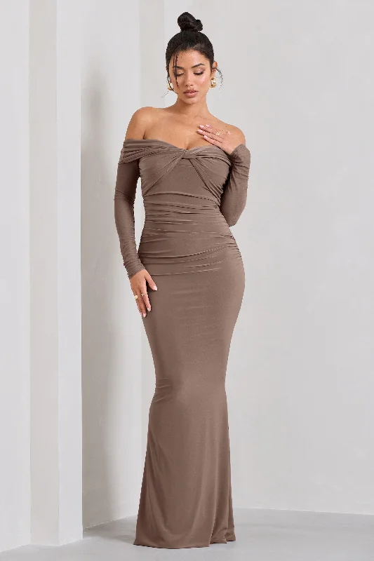 Alex | Mocha Bardot Twist Maxi Dress Stylish A-Line Maxi Dress