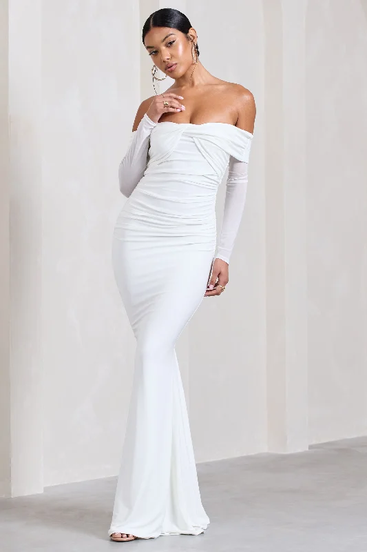 Alex | White Bardot Twist Maxi Dress Fashionable Layered Maxi Dress