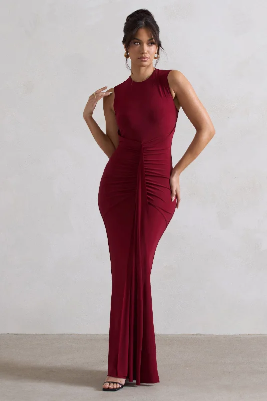 Alexa | Berry High-Neck Gathered Maxi Dress With Drape Comfortable Maxi Dress with Slits